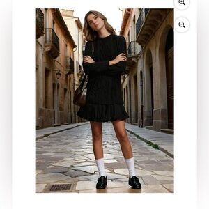 Black cable knit sweater dress with pleated ruffle size large